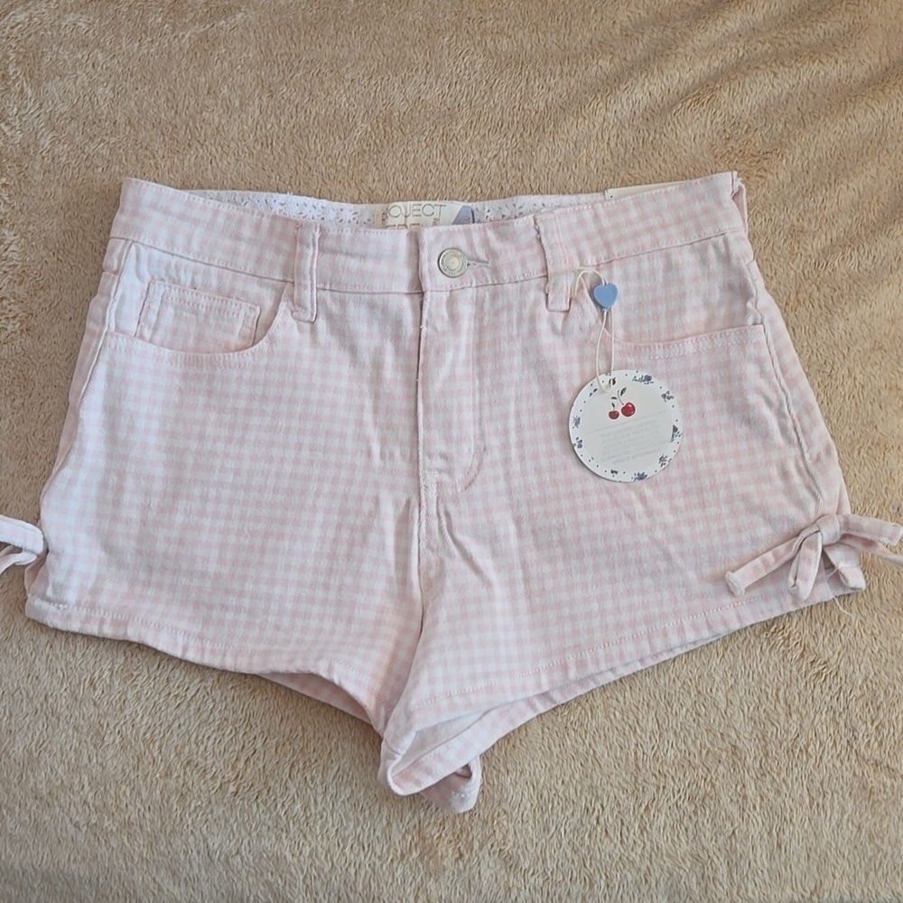 Project Rebel Denim Pink and White Gingham High-Rise Stretchy Short Size 7
